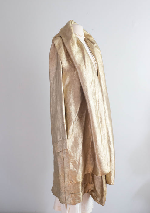 Rare 1920's Liquid Gold Lamé Opera Cocoon Coat With Hood & Velvet Lining / SM