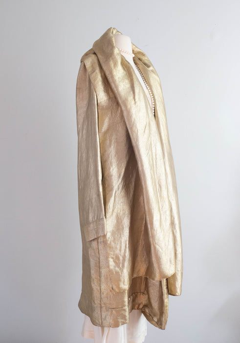 Rare 1920's Liquid Gold Lamé Opera Cocoon Coat With Hood & Velvet Lining / SM