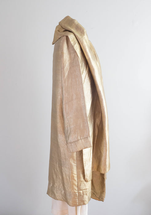 Rare 1920's Liquid Gold Lamé Opera Cocoon Coat With Hood & Velvet Lining / SM