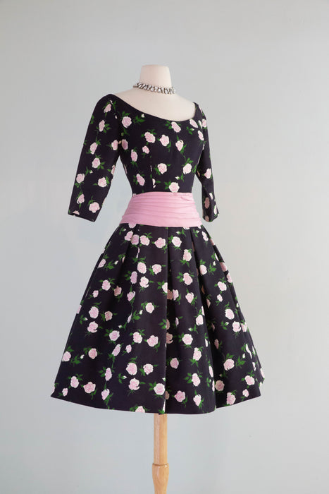 Classic 1950's French Couture Rose Print Party Dress Jean Dando Paris / Small