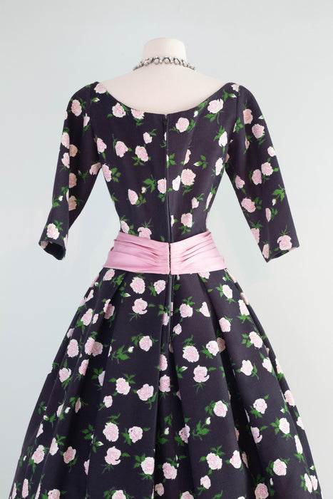 Classic 1950's French Couture Rose Print Party Dress Jean Dando Paris / Small