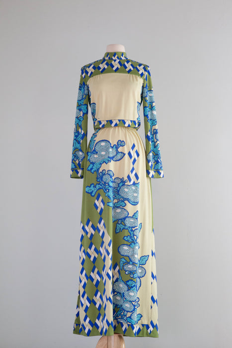 Iconic Early 1970's Paganne By Gene Berk Graphic Print Maxi Dress / ML