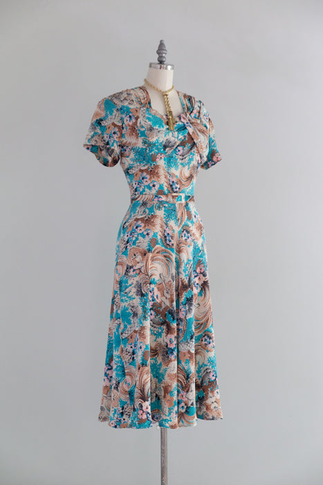 Magical 1940's Butterfly Catcher Novelty Print Silk Dress / S