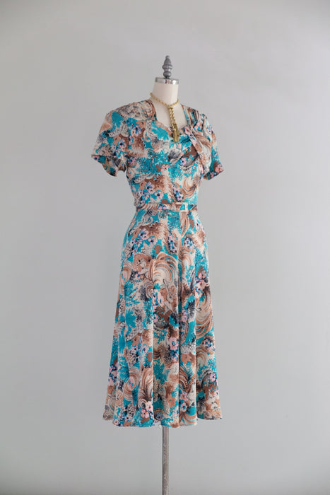 Magical 1940's Butterfly Catcher Novelty Print Silk Dress / S