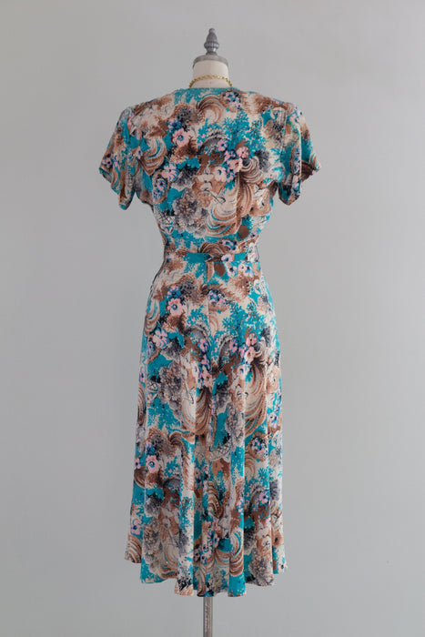 Magical 1940's Butterfly Catcher Novelty Print Silk Dress / S