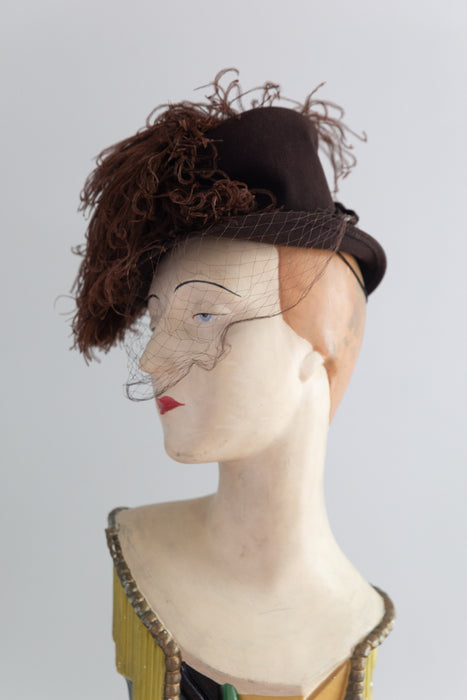 Glorious 1930's-40's era Autumnal Ostrich Feather Tilt Hat / OS