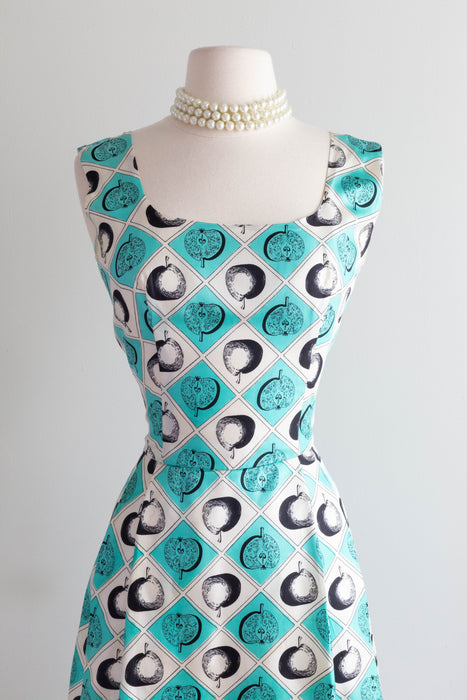 Fabulous 1960's Silk Apple Print Pleated Day Dress / Waist 26