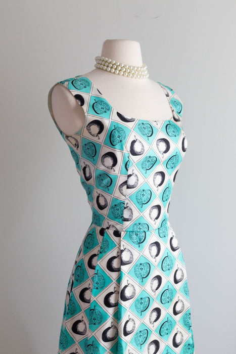 Fabulous 1960's Silk Apple Print Pleated Day Dress / Waist 26