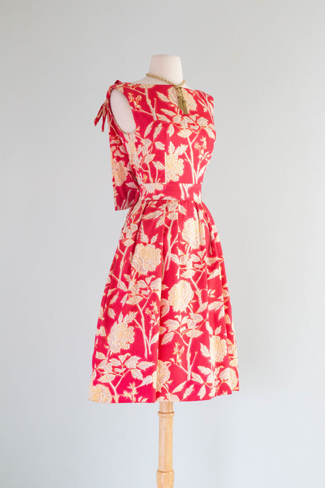 Rare Early 1960's Christian Dior Polished Cotton Peony Print Cocktail Dress / Small