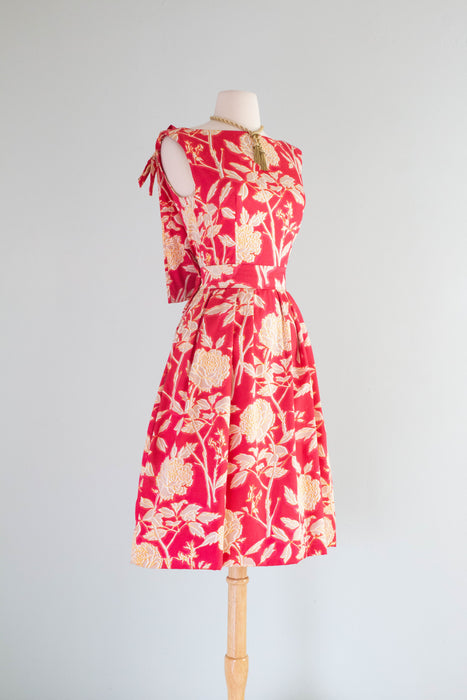 Rare Early 1960's Christian Dior Polished Cotton Peony Print Cocktail Dress / Small