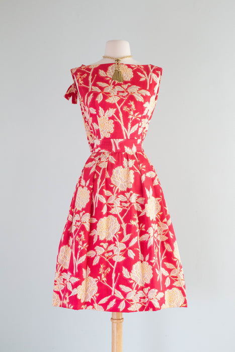 Rare Early 1960's Christian Dior Polished Cotton Peony Print Cocktail Dress / Small