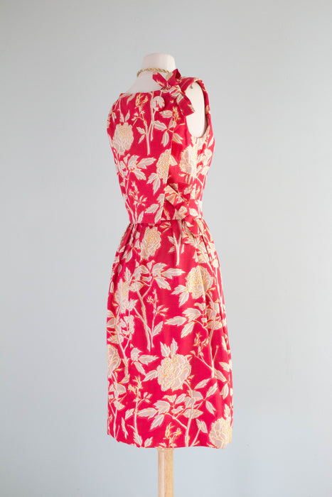 Rare Early 1960's Christian Dior Polished Cotton Peony Print Cocktail Dress / Small