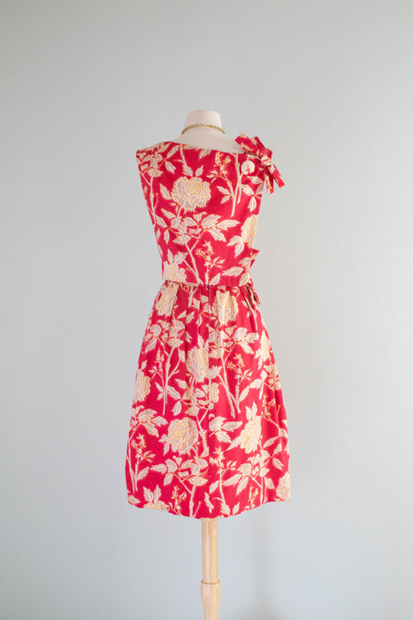 Rare Early 1960's Christian Dior Polished Cotton Peony Print Cocktail Dress / Small