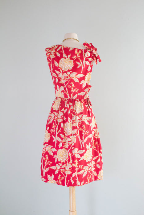 Rare Early 1960's Christian Dior Polished Cotton Peony Print Cocktail Dress / Small