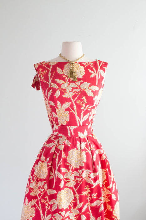 Rare Early 1960's Christian Dior Polished Cotton Peony Print Cocktail Dress / Small