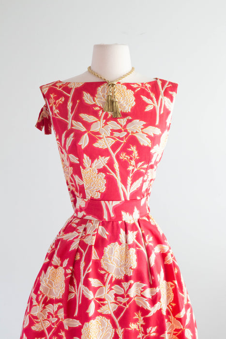 Rare Early 1960's Christian Dior Polished Cotton Peony Print Cocktail Dress / Small