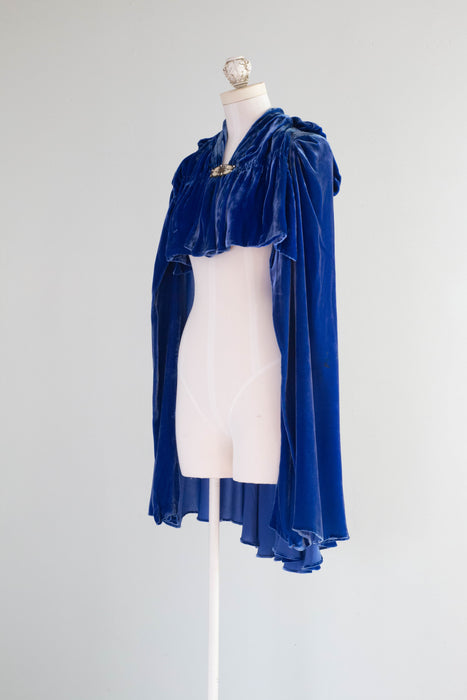 Stunning 1930's Sapphire Silk Velvet Evening Cape / OSFM