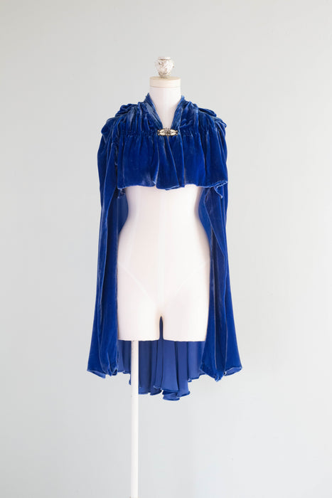 Stunning 1930's Sapphire Silk Velvet Evening Cape / OSFM