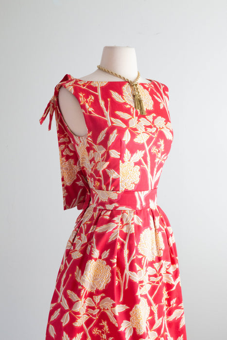 Rare Early 1960's Christian Dior Polished Cotton Peony Print Cocktail Dress / Small