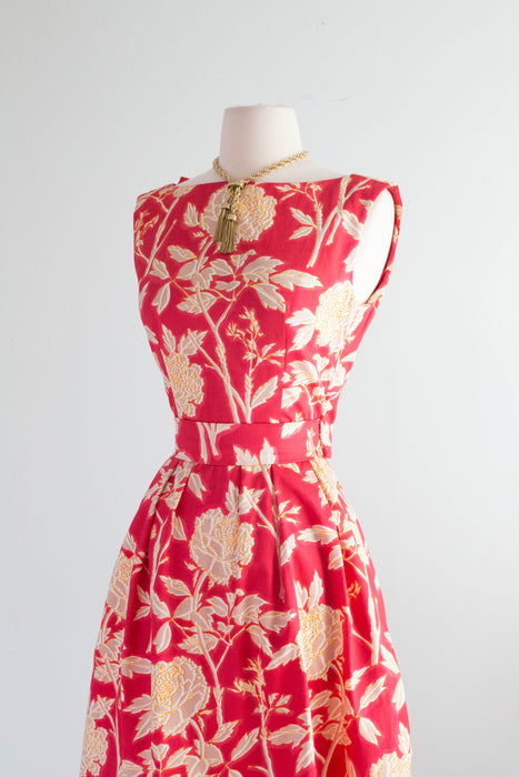 Rare Early 1960's Christian Dior Polished Cotton Peony Print Cocktail Dress / Small