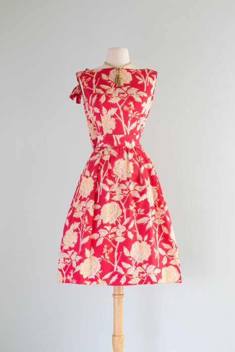 Rare Early 1960's Christian Dior Polished Cotton Peony Print Cocktail Dress / Small