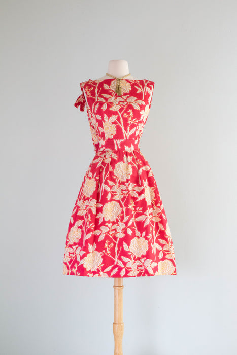 Rare Early 1960's Christian Dior Polished Cotton Peony Print Cocktail Dress / Small