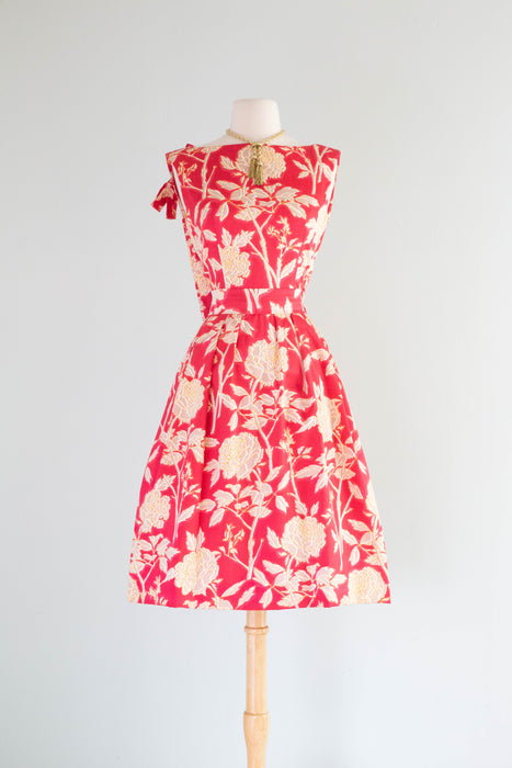 Rare Early 1960's Christian Dior Polished Cotton Peony Print Cocktail Dress / Small