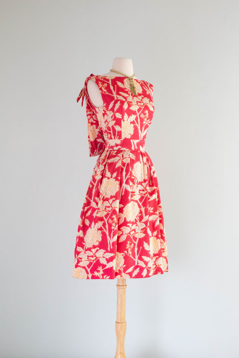 Rare Early 1960's Christian Dior Polished Cotton Peony Print Cocktail Dress / Small