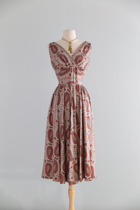 Fabulous 1950's Autumnal Paisley Print Silk Dress / SM