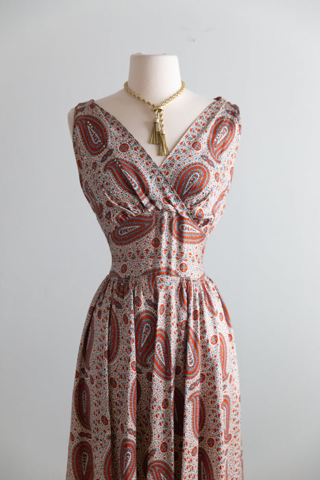 Fabulous 1950's Autumnal Paisley Print Silk Dress / SM