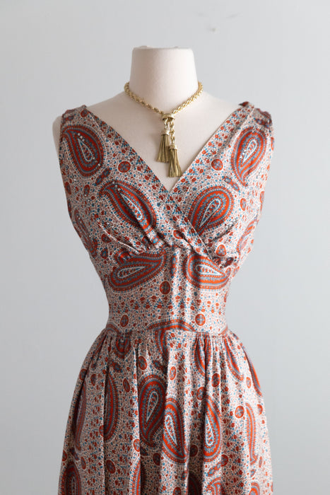 Fabulous 1950's Autumnal Paisley Print Silk Dress / SM
