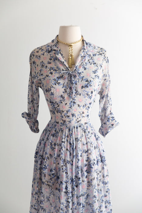 Dreamy 1950's Floral Print Day Dress in Cotton Voile / M