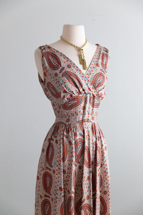 Fabulous 1950's Autumnal Paisley Print Silk Dress / SM