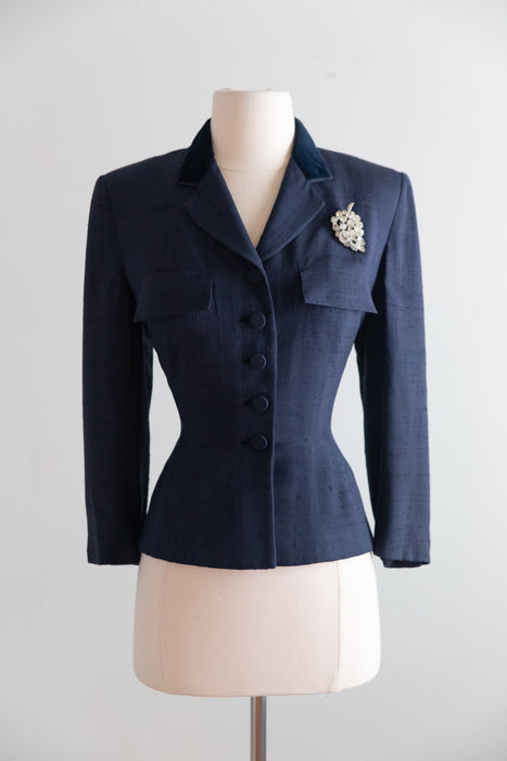 Impeccable 1950's Navy Blue Silk Jacket From Nicholas Ungar / SM