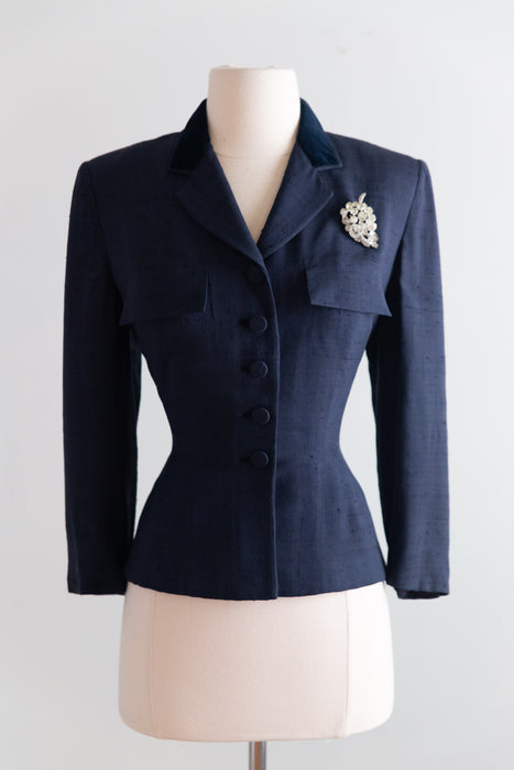 Impeccable 1950's Navy Blue Silk Jacket From Nicholas Ungar / SM