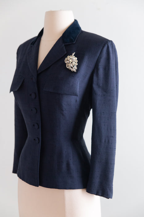 Impeccable 1950's Navy Blue Silk Jacket From Nicholas Ungar / SM