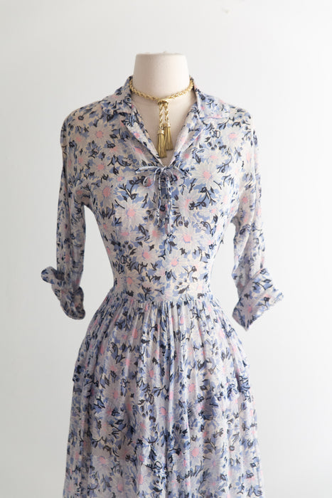 Dreamy 1950's Floral Print Day Dress in Cotton Voile / M