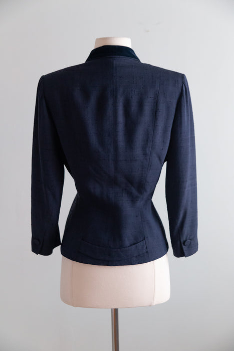 Impeccable 1950's Navy Blue Silk Jacket From Nicholas Ungar / SM