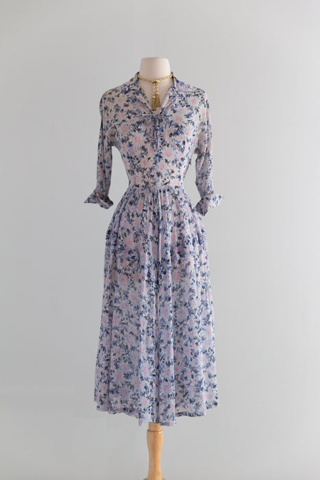 Dreamy 1950's Floral Print Day Dress in Cotton Voile / M