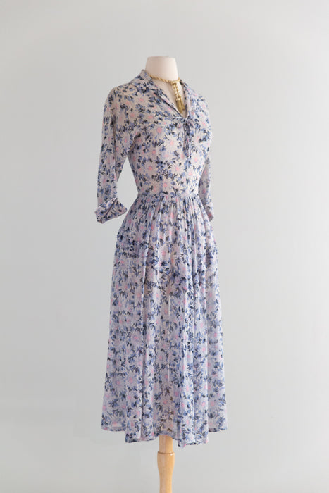 Dreamy 1950's Floral Print Day Dress in Cotton Voile / M