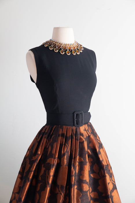 Stunning Late 1950's Copper Floral Cocktail Dress By Kimie / M