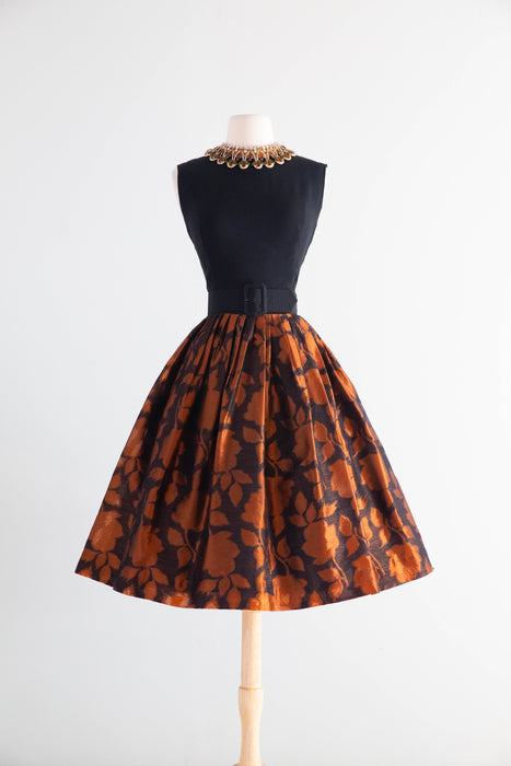 Stunning Late 1950's Copper Floral Cocktail Dress By Kimie / M
