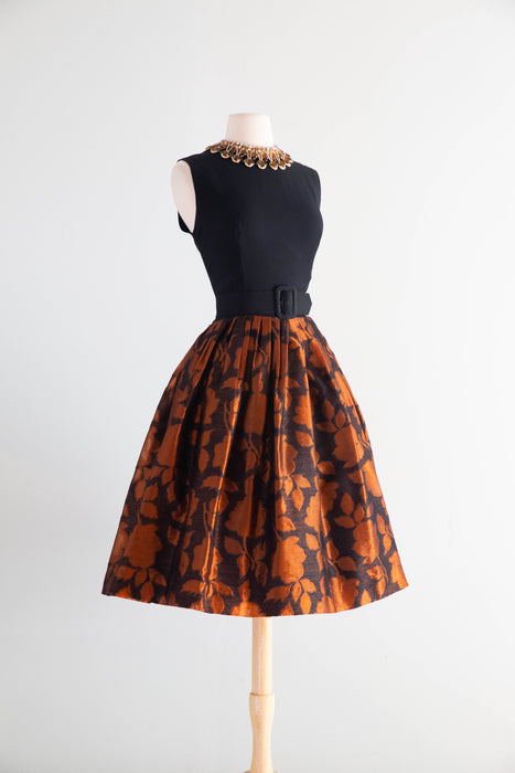 Stunning Late 1950's Copper Floral Cocktail Dress By Kimie / M