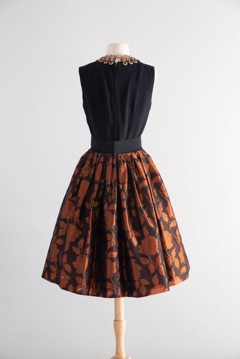 Stunning Late 1950's Copper Floral Cocktail Dress By Kimie / M