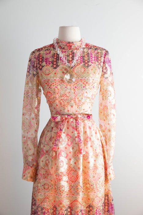 Fabulous Late 1960's Don Luis de Espana Metallic Gold Lame' Psychedelic Evening Dress / SM