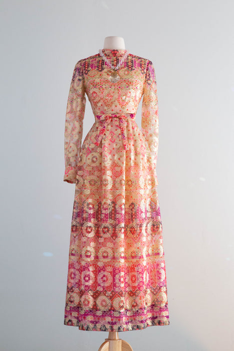 Fabulous Late 1960's Don Luis de Espana Metallic Gold Lame' Psychedelic Evening Dress / SM