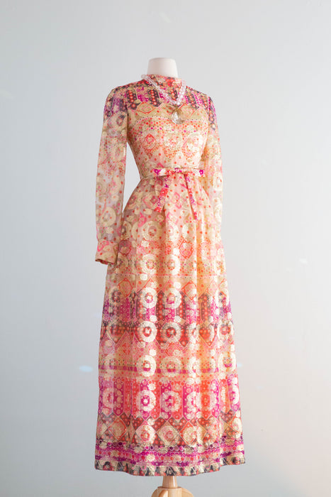 Fabulous Late 1960's Don Luis de Espana Metallic Gold Lame' Psychedelic Evening Dress / SM