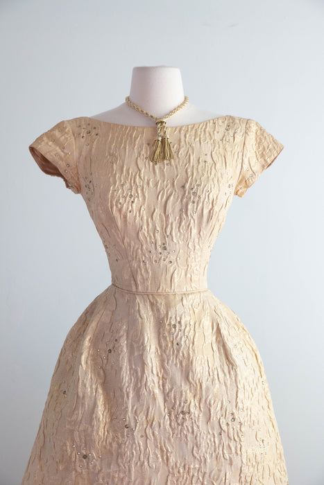 Gorgeous Late 1950’s Nathan-Strong Gold Brocade Matelassé Cocktail Dress / Small