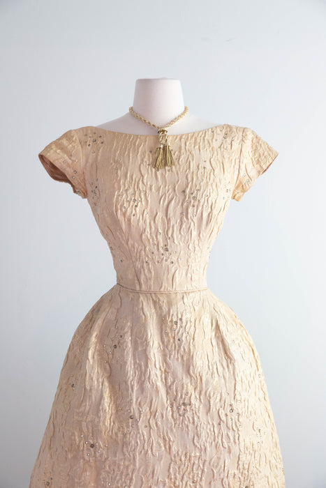 Gorgeous Late 1950’s Nathan-Strong Gold Brocade Matelassé Cocktail Dress / Small