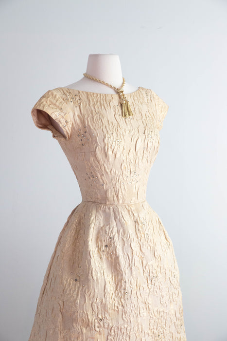 Gorgeous Late 1950’s Nathan-Strong Gold Brocade Matelassé Cocktail Dress / Small